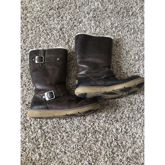 UGG Australia Women's Sutter Brown Leather Moto Buckle Snow Boots Size 8 Sheep - Picture 1 of 8